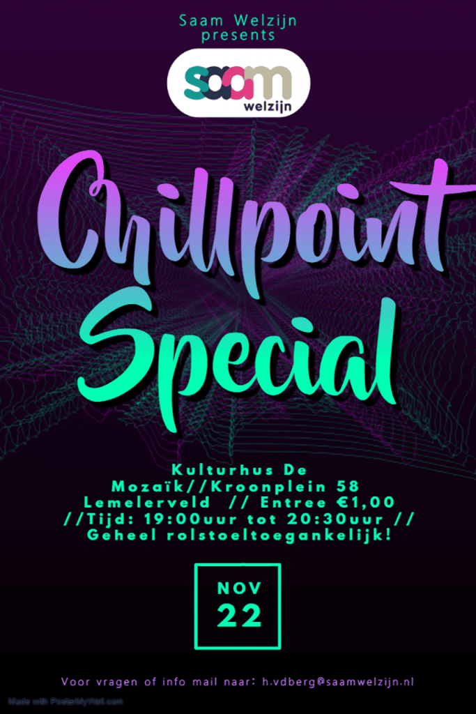 Saam Welzijn en Thuis Lemelerveld organiseren Chillpoint Special op 22 november