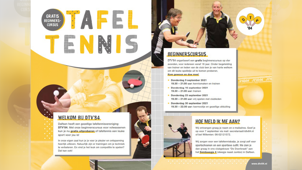 Gratis tafeltennis beginnerscursus voor volwassenen bij DTV’84 Gratis tafeltennis beginnerscursus voor volwassenen bij DTV’84