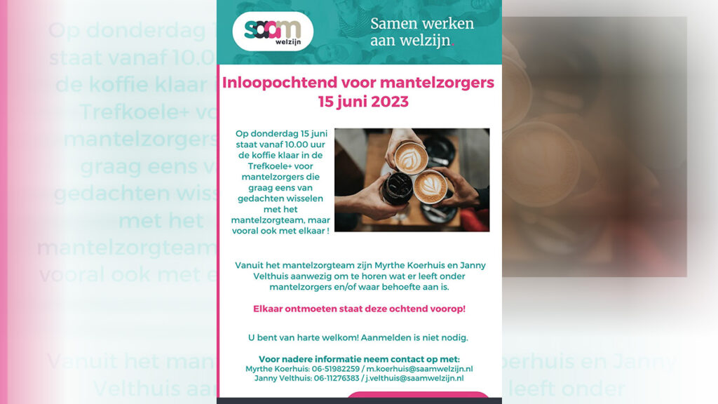 Inloopochtend voor mantelzorgers op donderdag 15 juni 2023