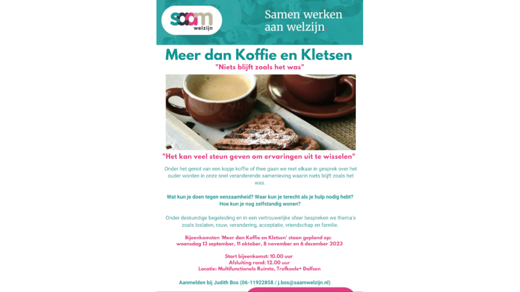 Meer dan Koffie en Kletsen Dalfsen; start in september 2023 Meer dan Koffie en Kletsen Dalfsen; start in september 2023