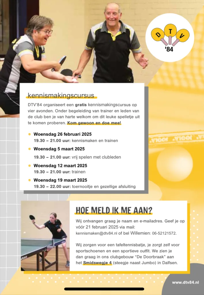 Gratis Tafeltennis Kennismakingscursus voor Volwassenen